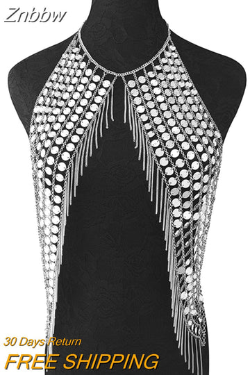 Znbbw Summer Sequined Tassel Sexy Crop Top Beach Women Halter Tops Bralettes Metal Chain Backless Tank Top